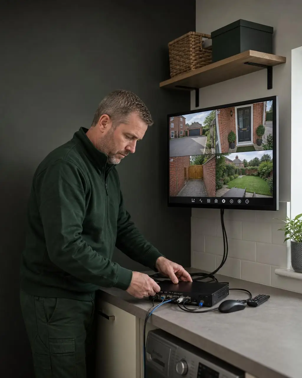 Maidstone Aerials engineer fitting a 4K CCTV camera at a property in Dorking, Surrey