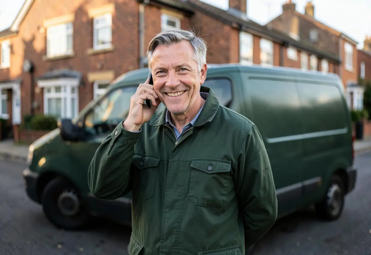 Maidstone Aerials engineer taking a call outside a Kent home