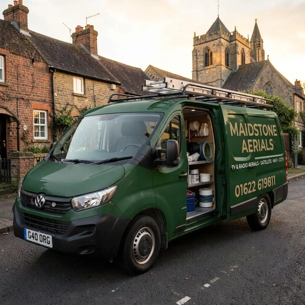 Maidstone Aerials engineer's van on a Kent village street
