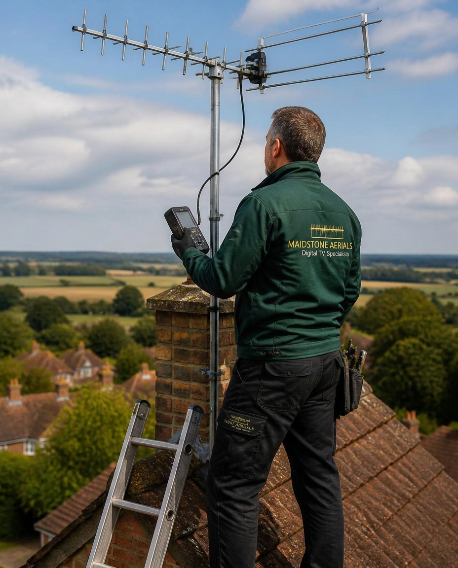 Maidstone Aerials engineer installing a high-gain TV aerial on a Kent rooftop