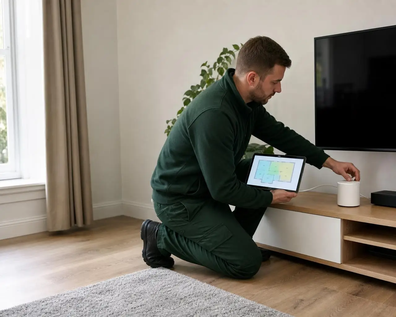 Technician installing a ceiling-mounted mesh WiFi access point in a Kent home
