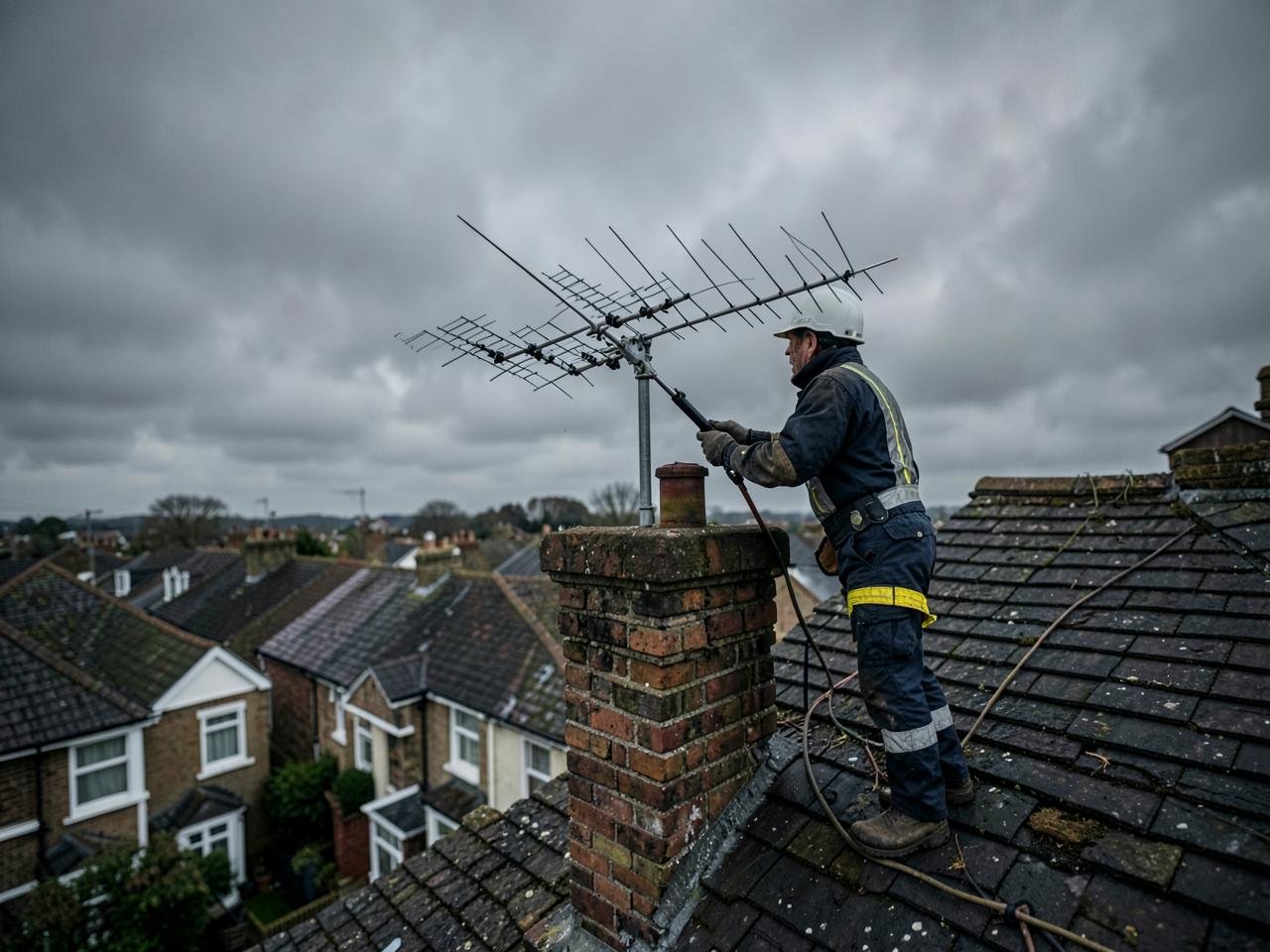 Engineer repairing a storm-damaged TV aerial on a Kent chimney