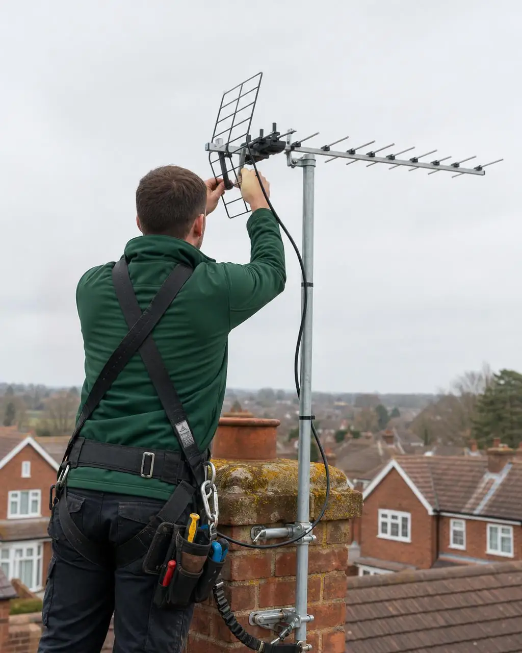 Engineer repairing a storm-damaged TV aerial on a Kent chimney