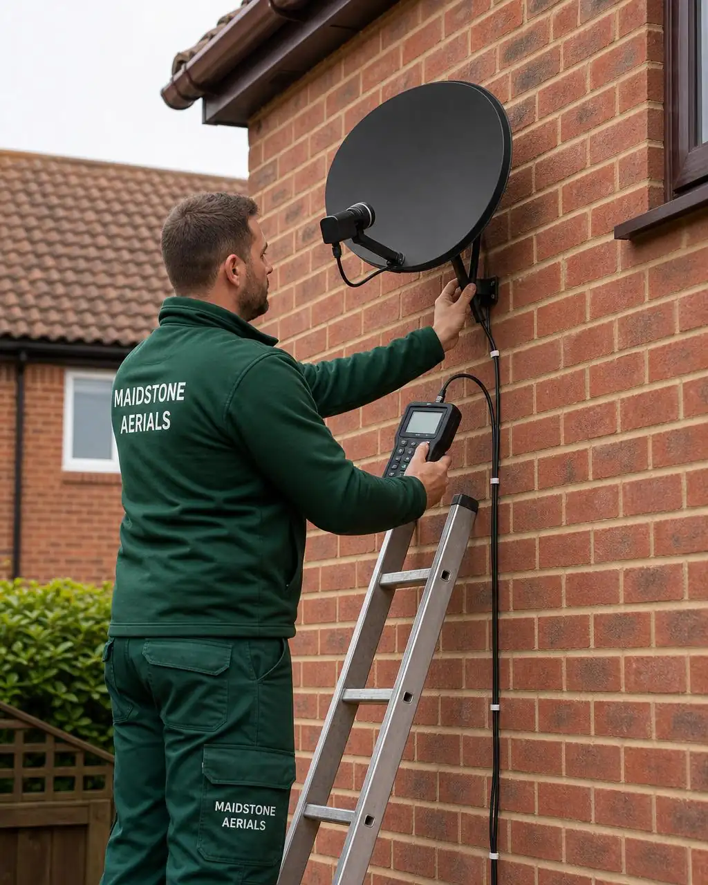 Engineer aligning a satellite dish on a Kent house with a signal meter