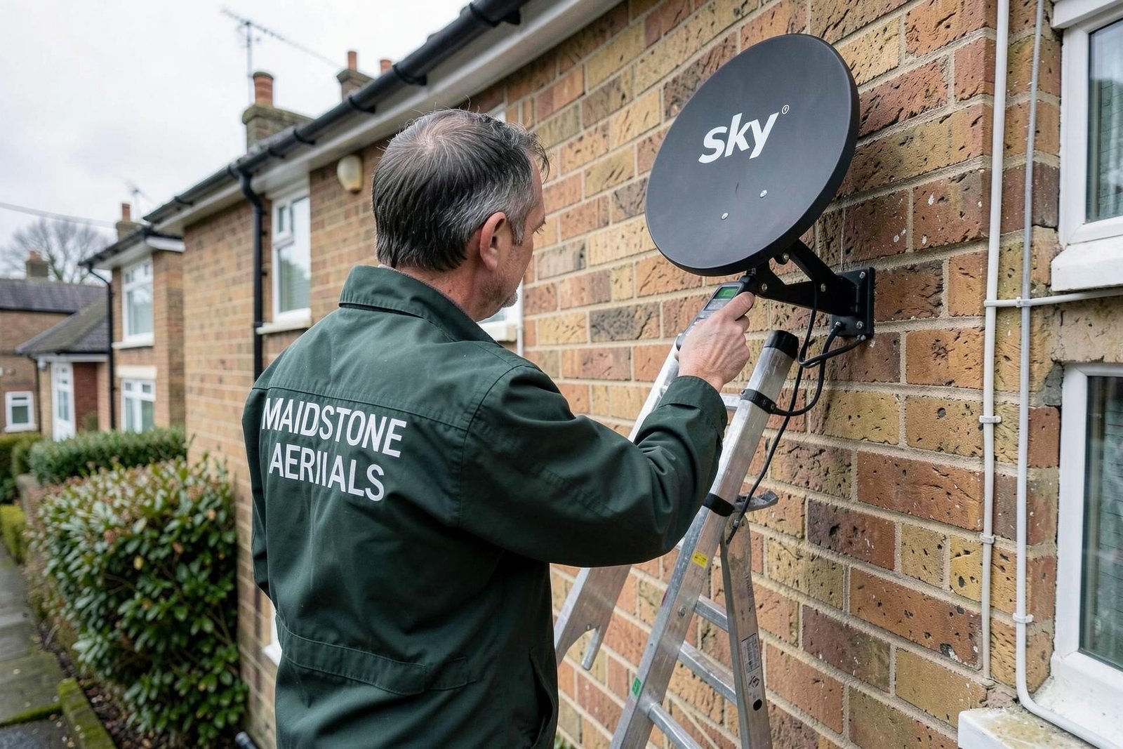Maidstone Aerials engineer repairing and realigning a Sky satellite dish on a Kent house