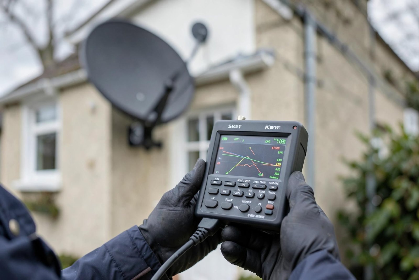 Engineer using a spectrum meter to diagnose a satellite reception fault on a Kent property