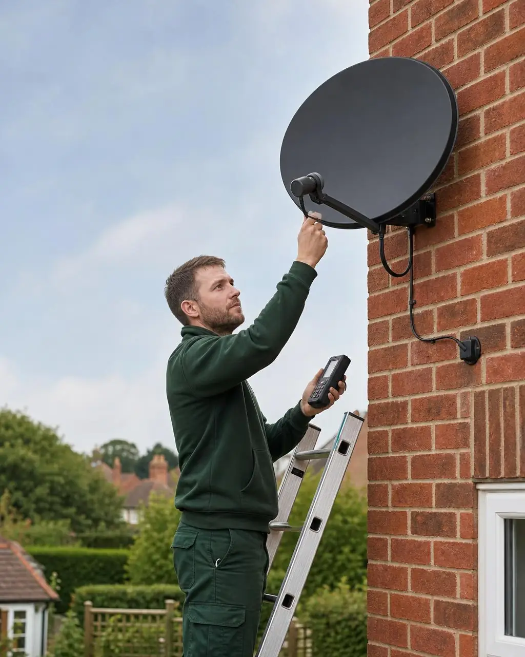 Engineer aligning a satellite dish for Sky at a Kent property