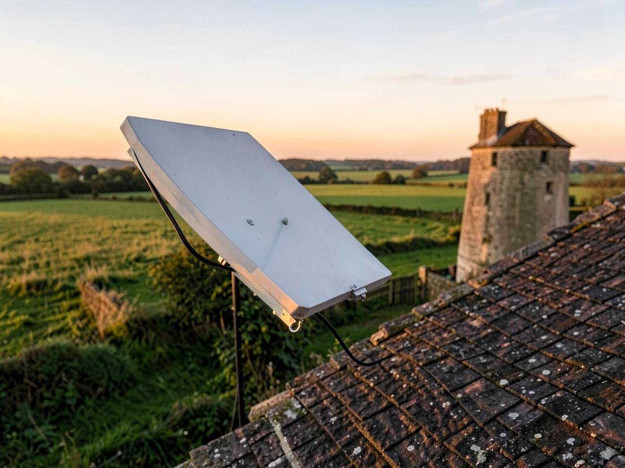 Starlink satellite internet dish mounted on a rural Kent farmhouse roof