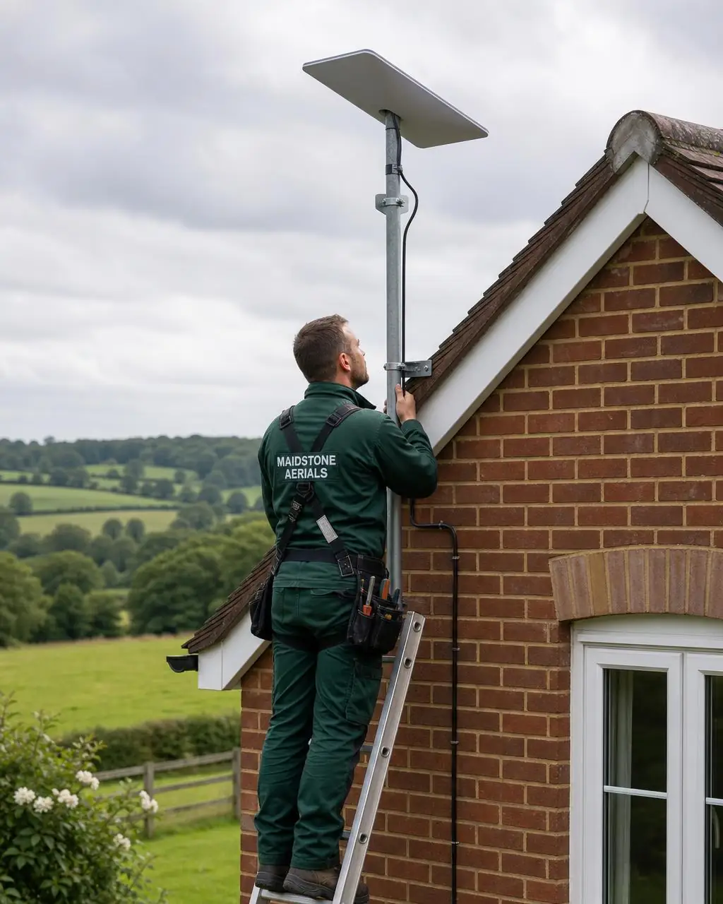 Starlink satellite internet dish mounted on a rural Kent farmhouse roof