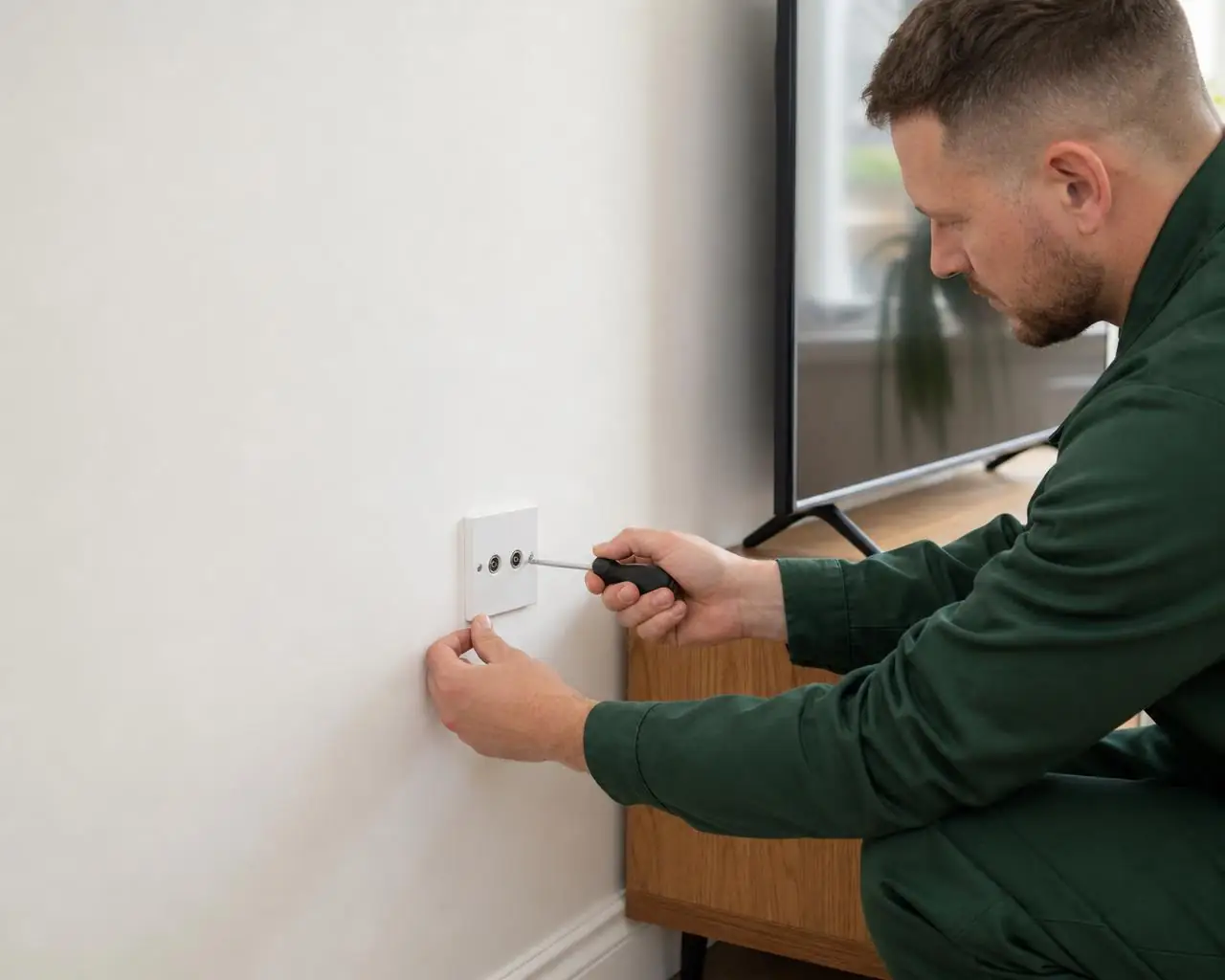 Engineer fitting a new TV aerial point to a living room wall in Kent